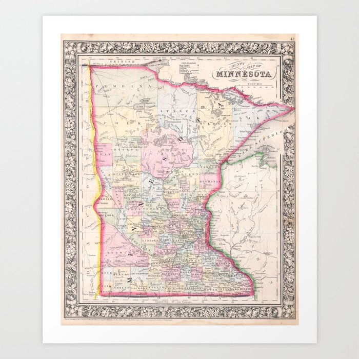 Classic Map of Minnesota (1864) Artwork Print graphic relating to Printable Map of Minnesota referred to as Common Map of Minnesota (1864) Artwork Print